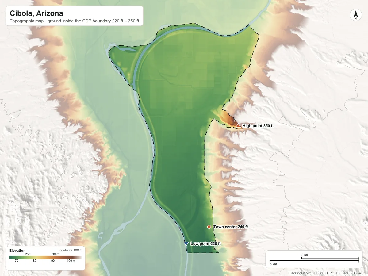 Topographic elevation map of Cibola, Arizona, shaded from 220 ft on the southwest side to 350 ft on the north side
