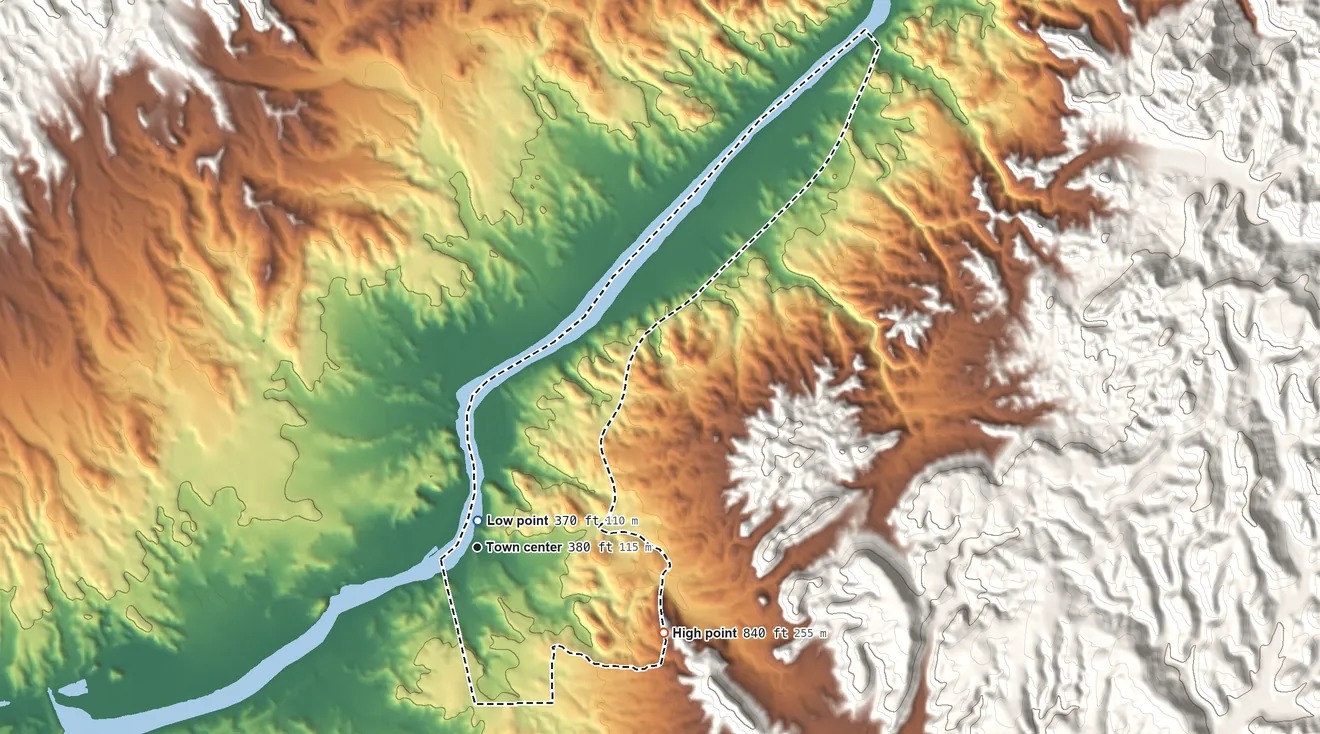 Topographic elevation map of Cienega Springs, Arizona, shaded from 370 ft near the middle to 840 ft at the foot of the Aubrey Hills
