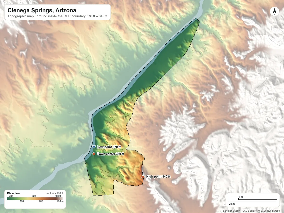 Topographic elevation map of Cienega Springs, Arizona, shaded from 370 ft near the middle to 840 ft at the foot of the Aubrey Hills