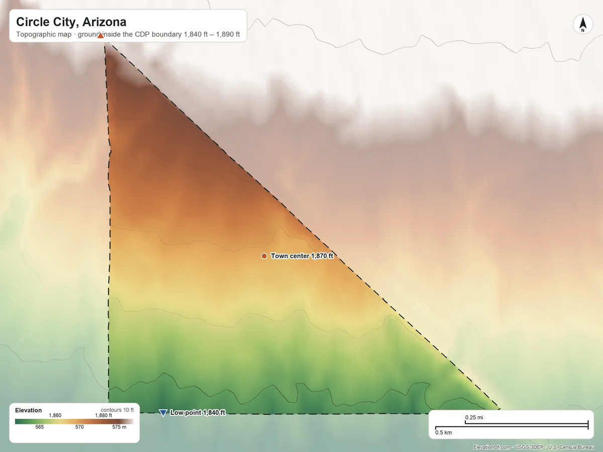 Topographic elevation map of Circle City, Arizona, shaded from 1,840 ft on the southwest side to 1,890 ft on the northwest side