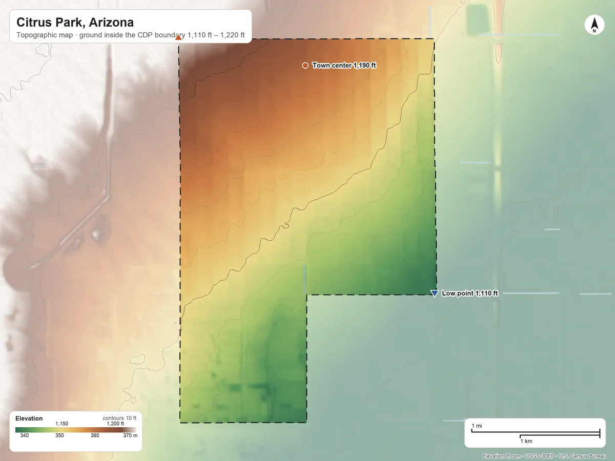 Topographic elevation map of Citrus Park, Arizona, shaded from 1,110 ft on the southeast side to 1,220 ft on the west side
