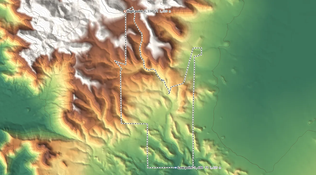 Topographic elevation map of Clacks Canyon, Arizona, shaded from 3,400 ft on the south side to 4,330 ft on the north edge, below higher ground just outside