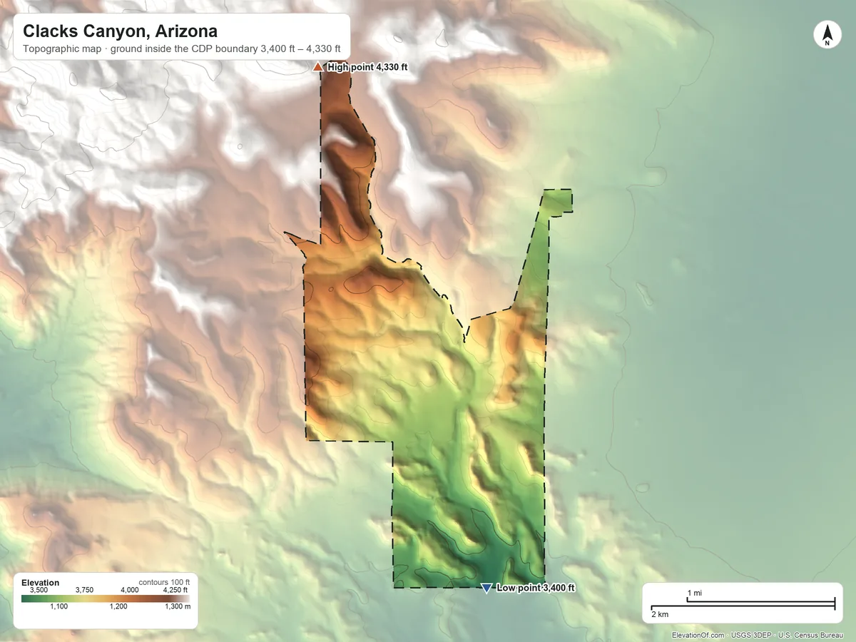 Topographic elevation map of Clacks Canyon, Arizona, shaded from 3,400 ft on the south side to 4,330 ft on the north edge, below higher ground just outside