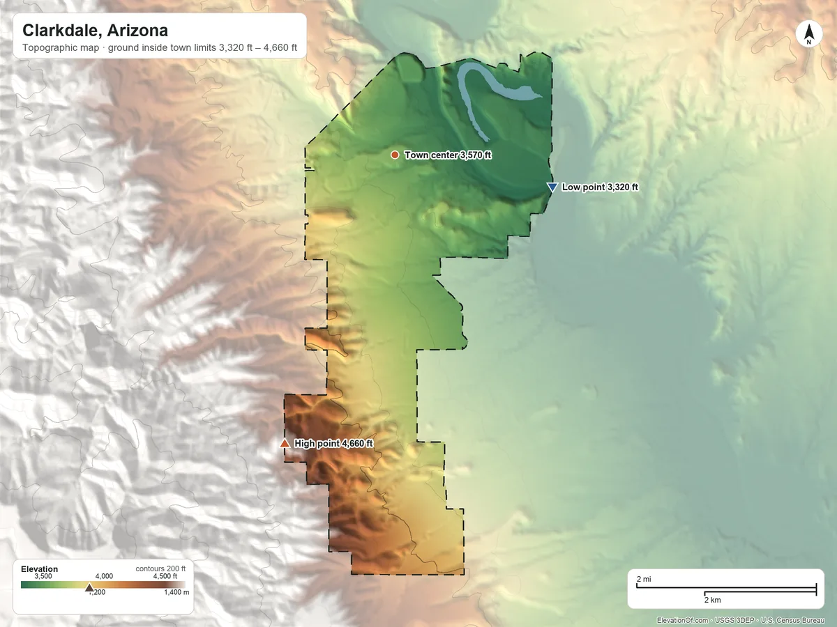 Topographic elevation map of Clarkdale, Arizona, shaded from 3,320 ft on the east side to 4,660 ft at the foot of the Antelope Hills