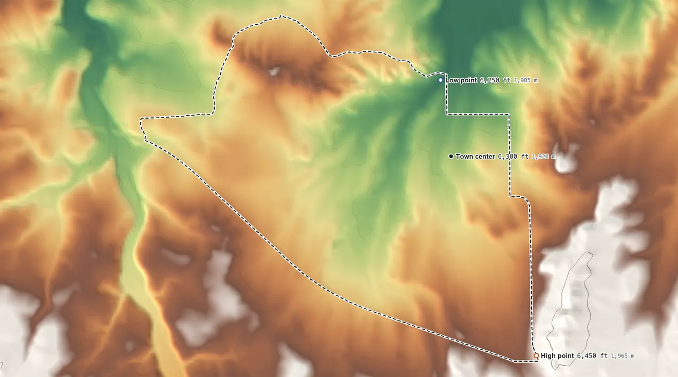 Topographic elevation map of Clay Springs, Arizona, shaded from 6,250 ft on the north side to 6,450 ft on the southeast edge, below higher ground just outside