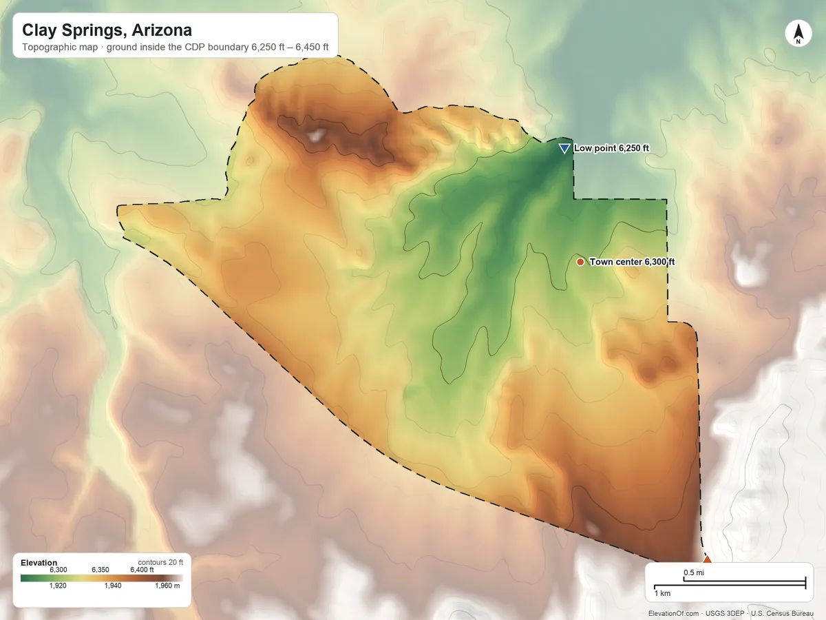 Topographic elevation map of Clay Springs, Arizona, shaded from 6,250 ft on the north side to 6,450 ft on the southeast edge, below higher ground just outside