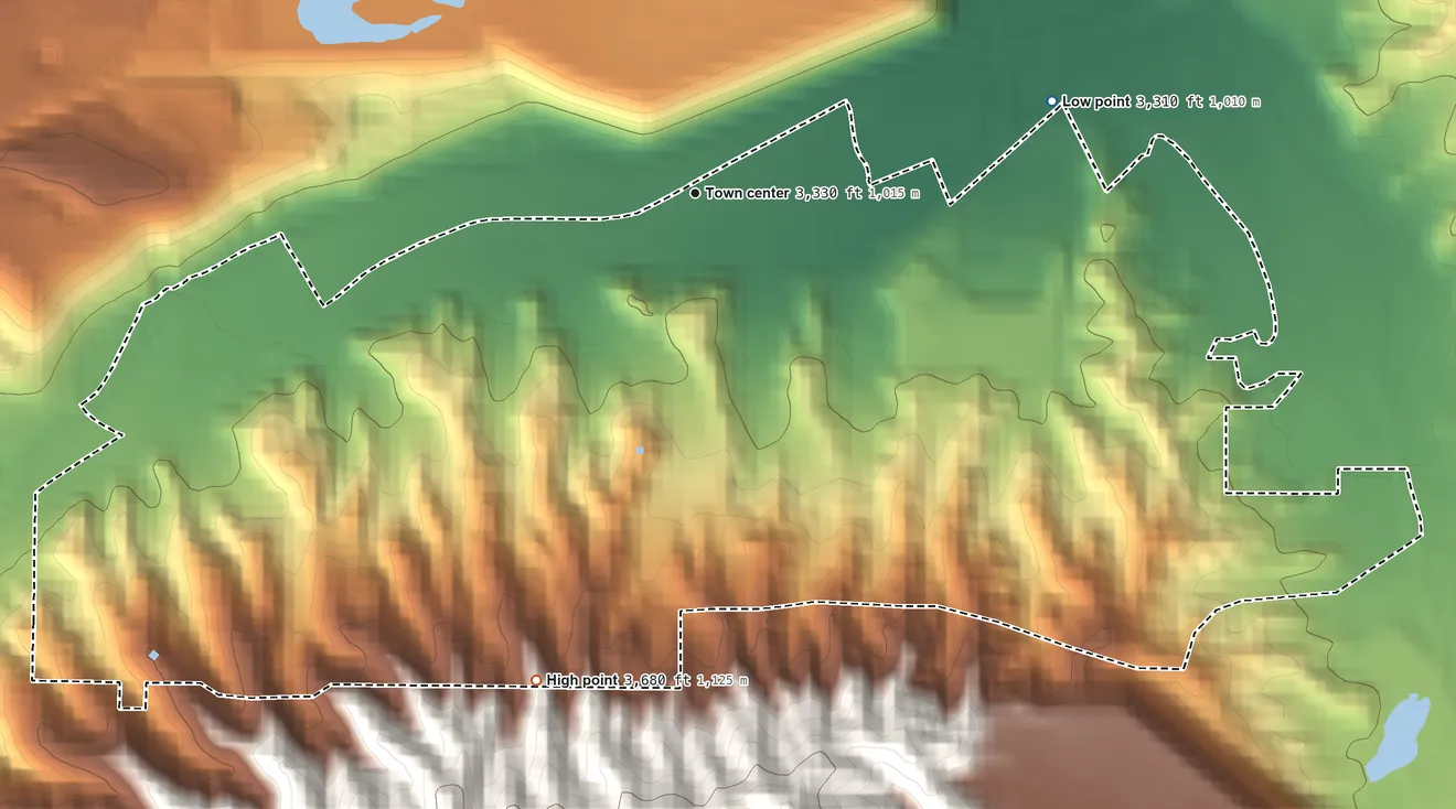 Topographic elevation map of Claypool, Arizona, shaded from 3,310 ft on the east side to 3,680 ft at the foot of the Globe Hills