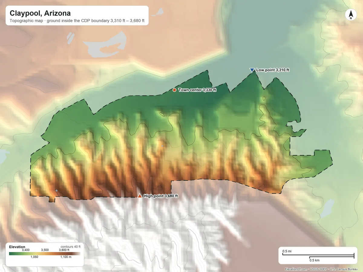 Topographic elevation map of Claypool, Arizona, shaded from 3,310 ft on the east side to 3,680 ft at the foot of the Globe Hills