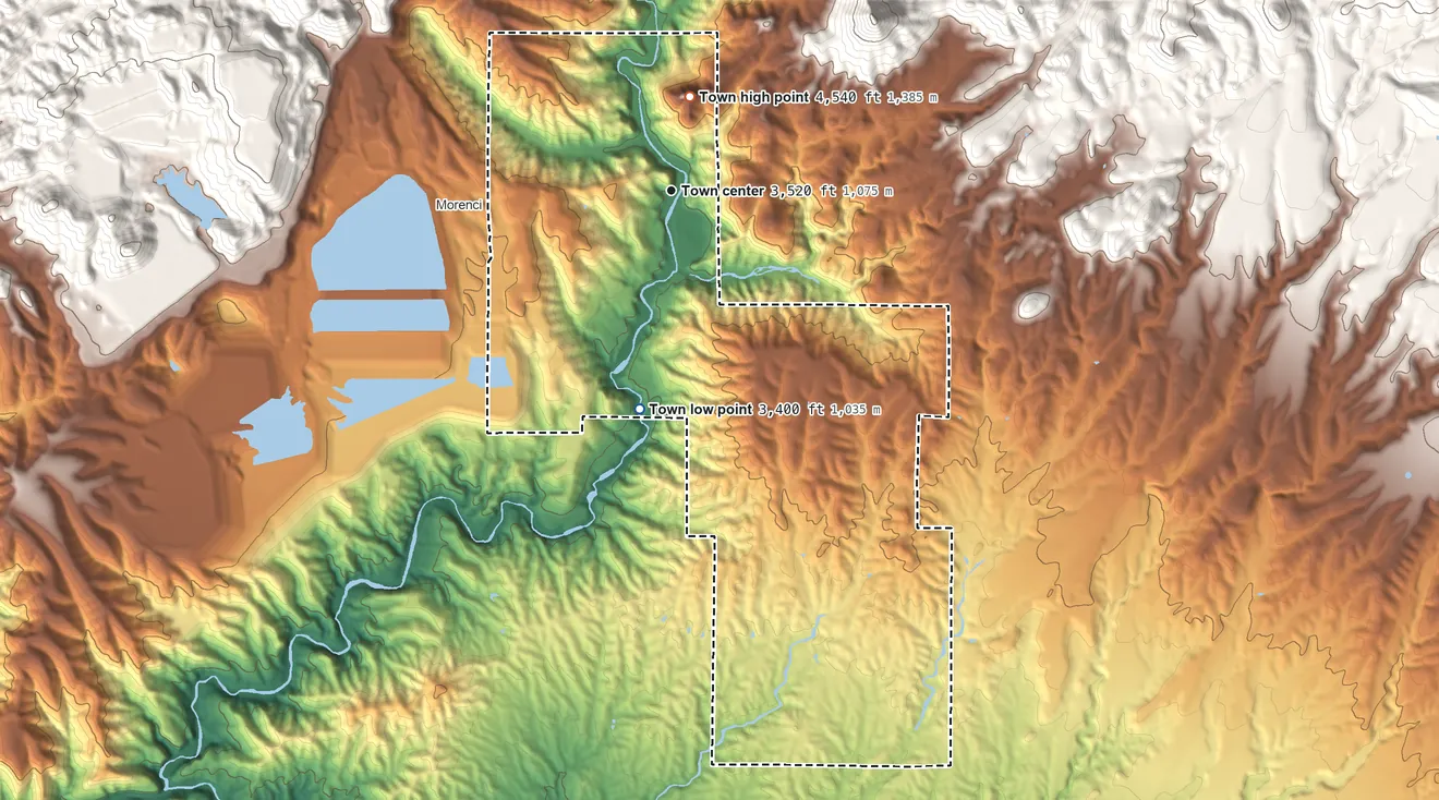 Topographic elevation map of Clifton, Arizona, shaded from 3,400 ft on the south side to 4,540 ft on Clifton Peak