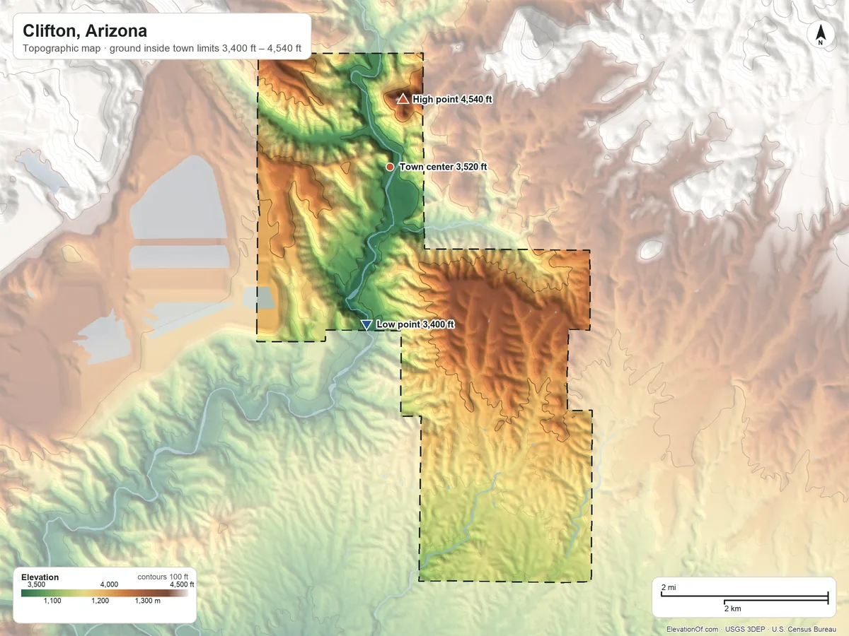 Topographic elevation map of Clifton, Arizona, shaded from 3,400 ft on the south side to 4,540 ft on Clifton Peak