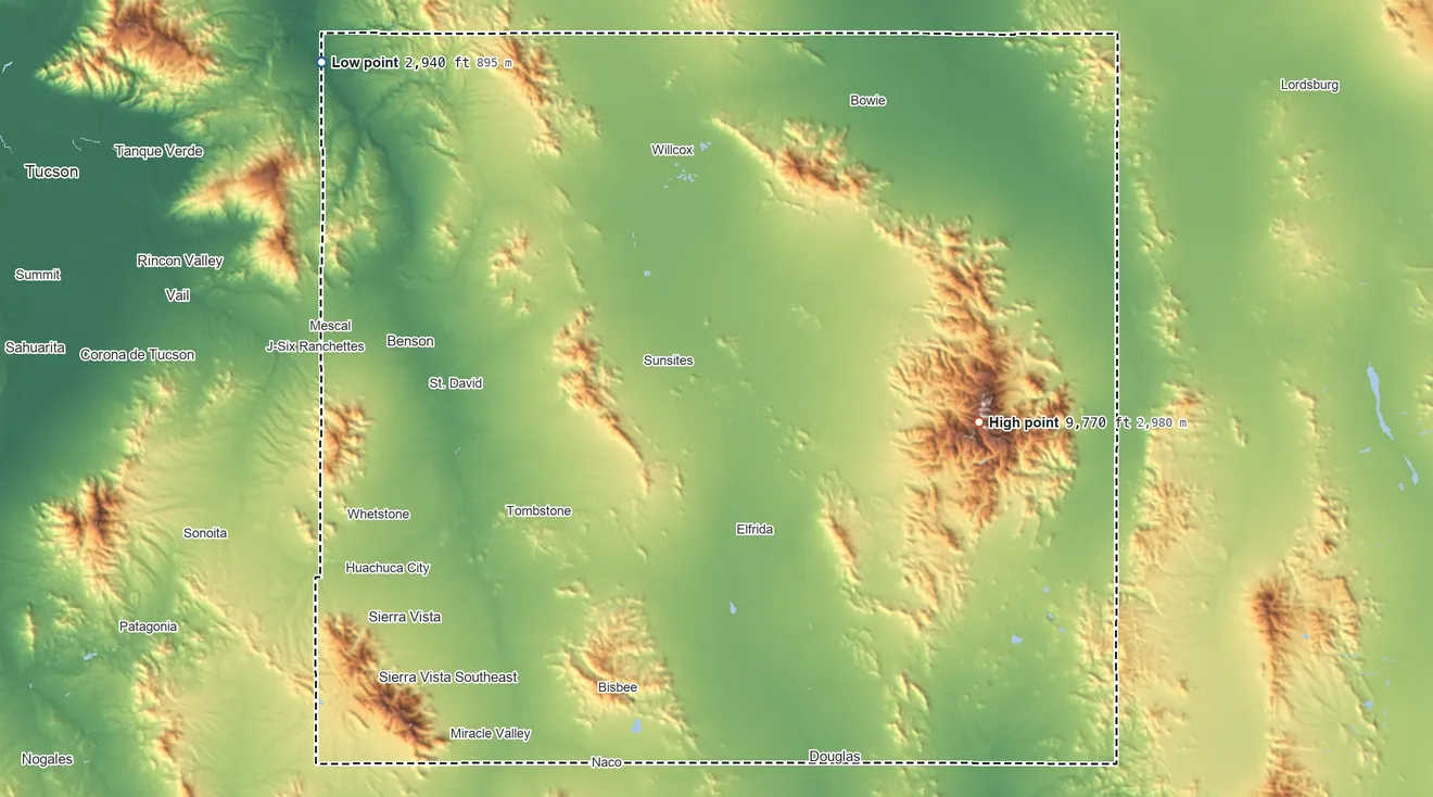 Topographic elevation map of Cochise County, Arizona, shaded from 2,940 ft on the northwest side to 9,770 ft on Chiricahua Peak