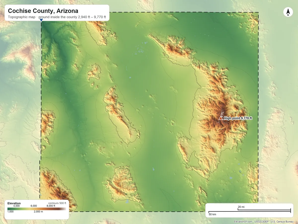 Topographic elevation map of Cochise County, Arizona, shaded from 2,940 ft on the northwest side to 9,770 ft on Chiricahua Peak
