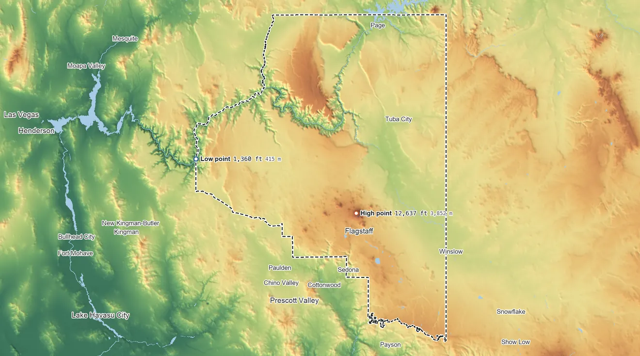 Topographic elevation map of Coconino County, Arizona, shaded from 1,360 ft on the west side to 12,637 ft on Humphreys Peak