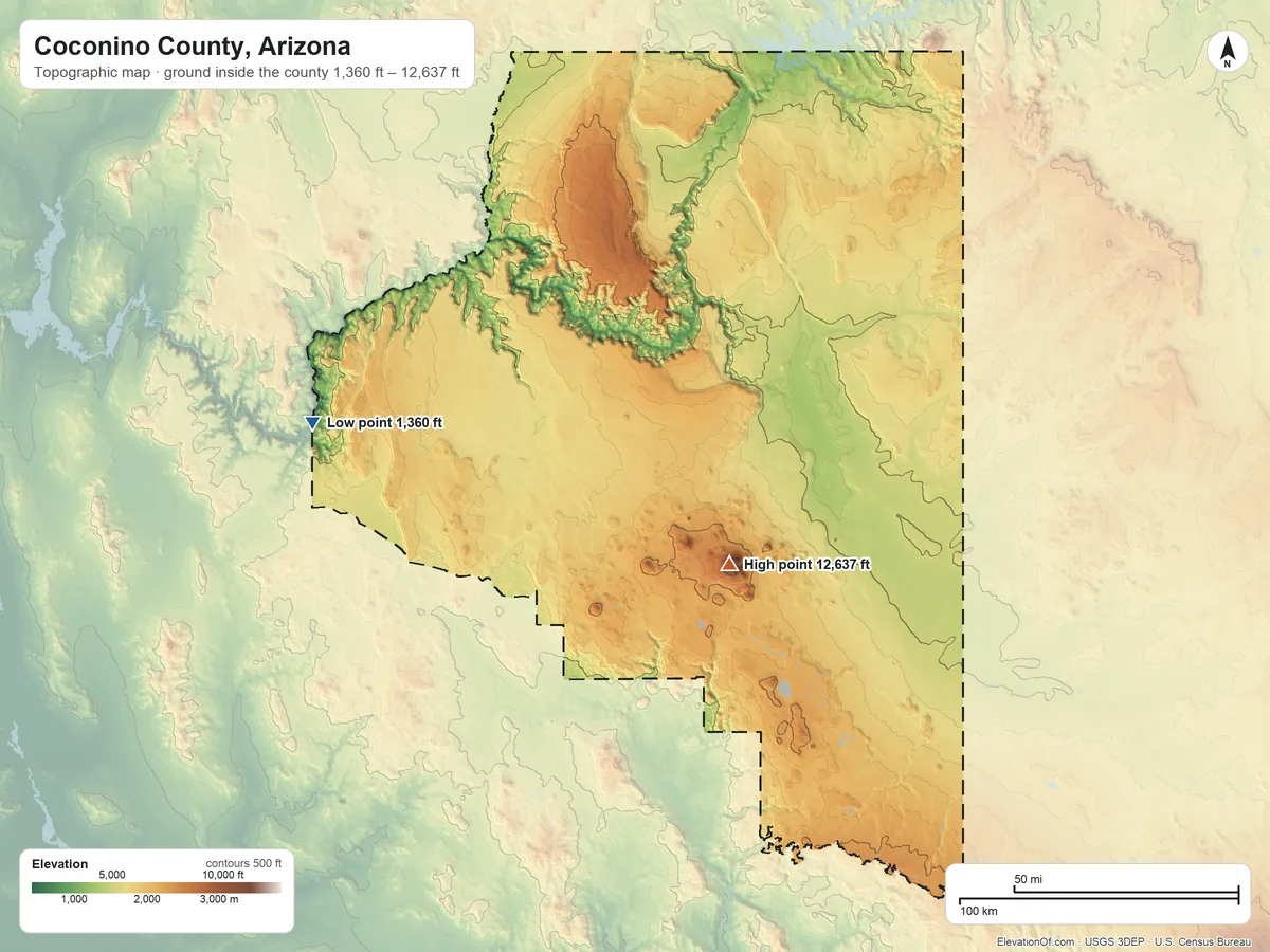 Topographic elevation map of Coconino County, Arizona, shaded from 1,360 ft on the west side to 12,637 ft on Humphreys Peak