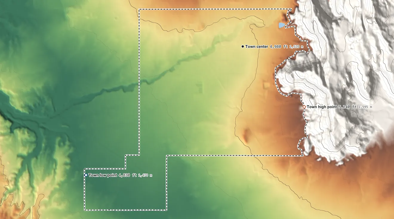 Topographic elevation map of Colorado City, Arizona, shaded from 4,830 ft on the southwest side to 5,240 ft at the foot of the Moccasin Mountains