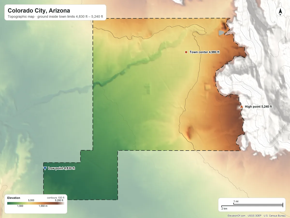 Topographic elevation map of Colorado City, Arizona, shaded from 4,830 ft on the southwest side to 5,240 ft at the foot of the Moccasin Mountains