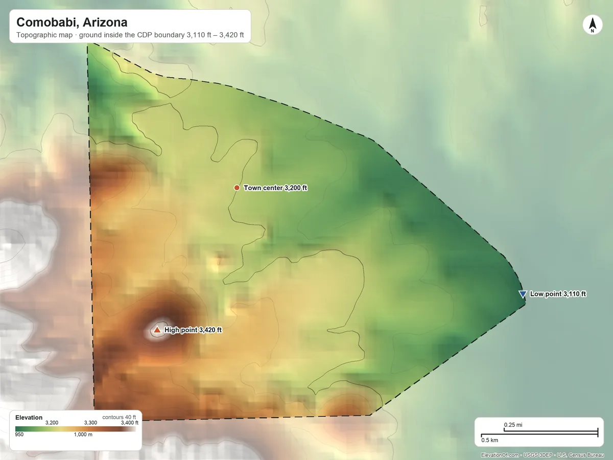 Topographic elevation map of Comobabi, Arizona, shaded from 3,110 ft on the east side to 3,420 ft at the foot of the South Comobabi Mountains