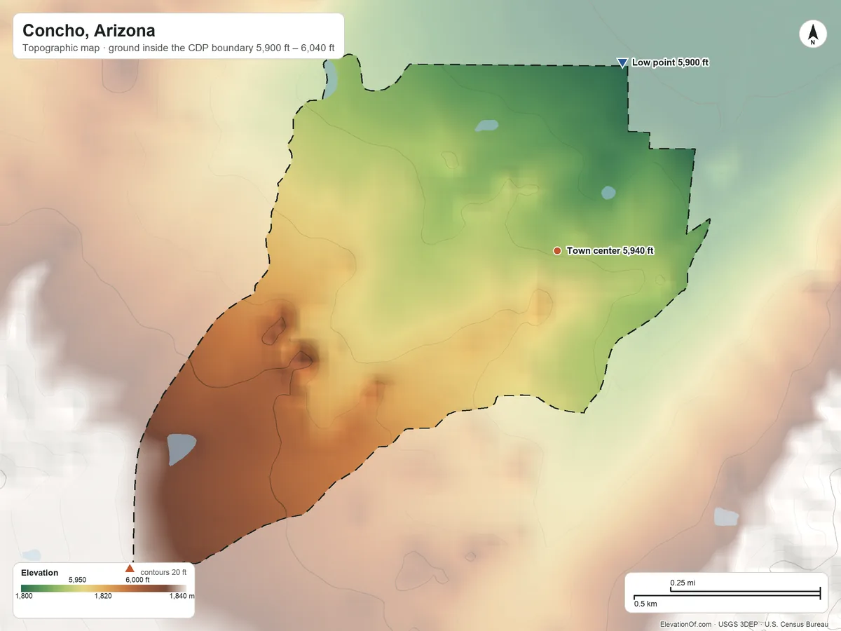 Topographic elevation map of Concho, Arizona, shaded from 5,900 ft on the north side to 6,040 ft on the southwest edge, below higher ground just outside