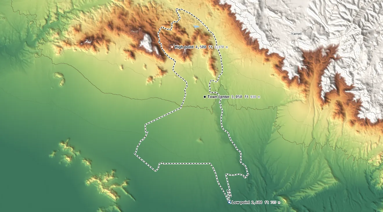 Topographic elevation map of Congress, Arizona, shaded from 2,600 ft on the south side to 4,500 ft at the foot of the Date Creek Mountains