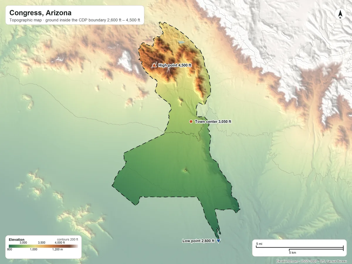 Topographic elevation map of Congress, Arizona, shaded from 2,600 ft on the south side to 4,500 ft at the foot of the Date Creek Mountains
