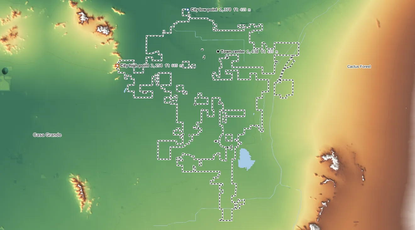 Topographic elevation map of Coolidge, Arizona, shaded from 1,370 ft on the northwest side to 2,250 ft on the west edge, below higher ground just outside