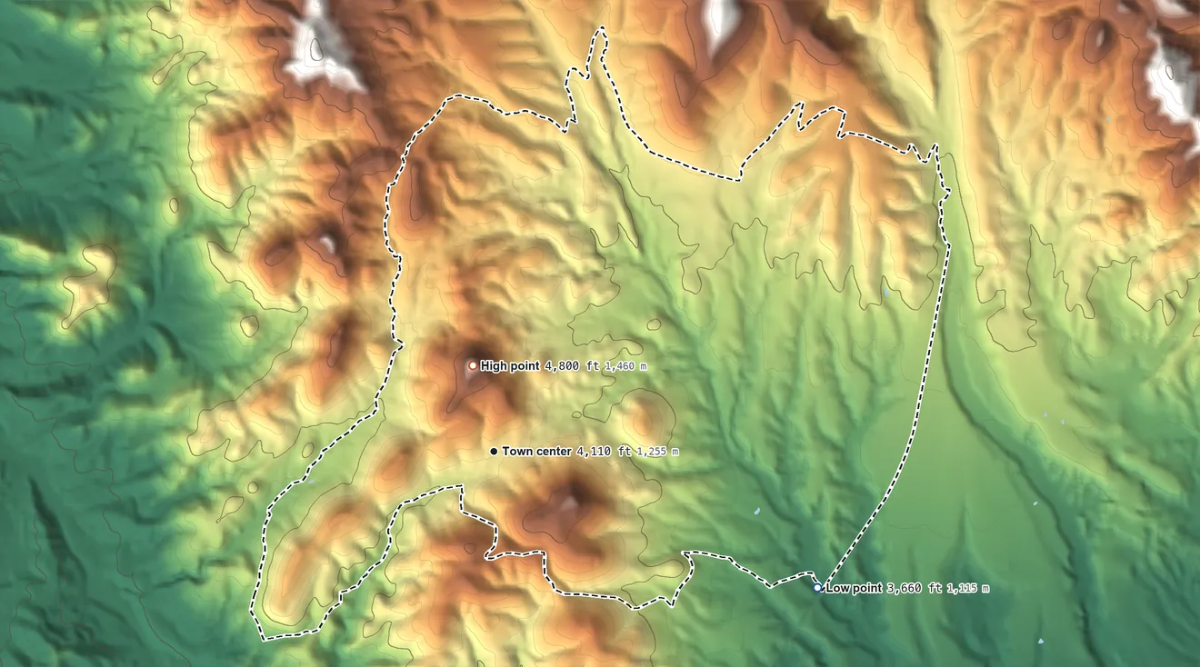 Topographic elevation map of Copper Hill, Arizona, shaded from 3,660 ft on the southeast side to 4,798 ft on Black Peak