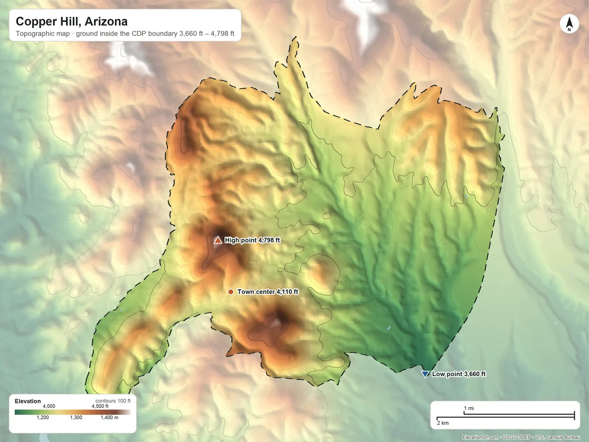Topographic elevation map of Copper Hill, Arizona, shaded from 3,660 ft on the southeast side to 4,798 ft on Black Peak