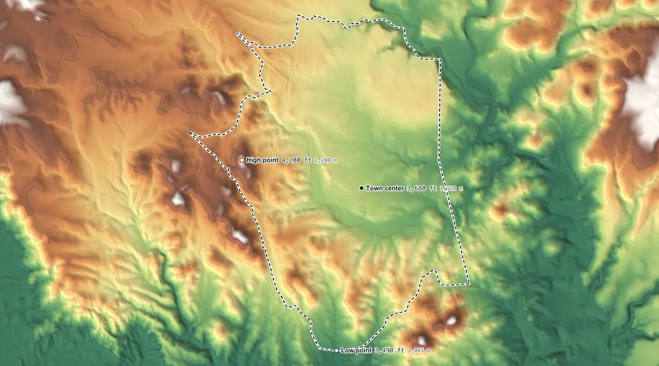 Topographic elevation map of Cordes Lakes, Arizona, shaded from 3,490 ft on the south side to 4,200 ft on the west side