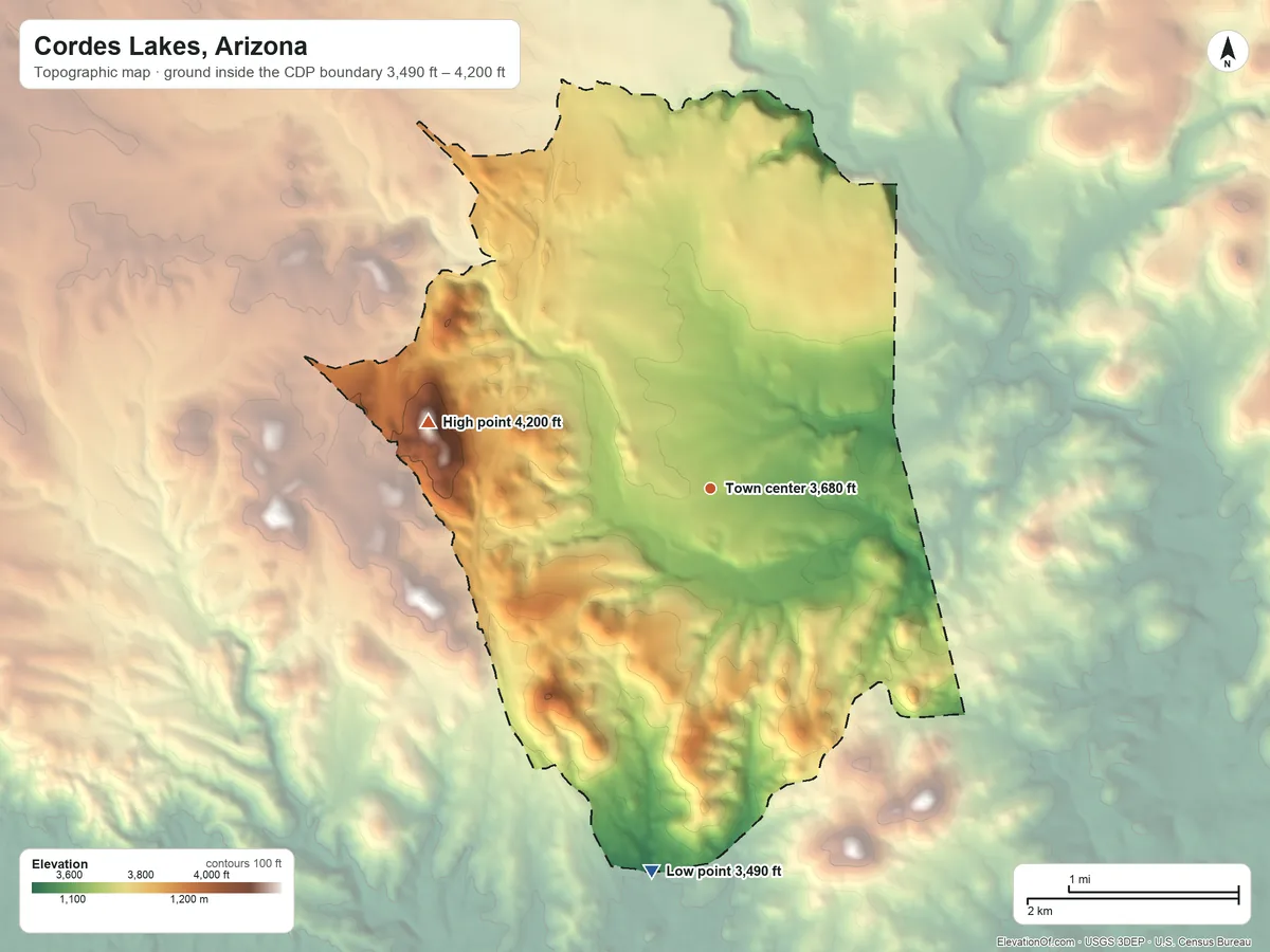 Topographic elevation map of Cordes Lakes, Arizona, shaded from 3,490 ft on the south side to 4,200 ft on the west side
