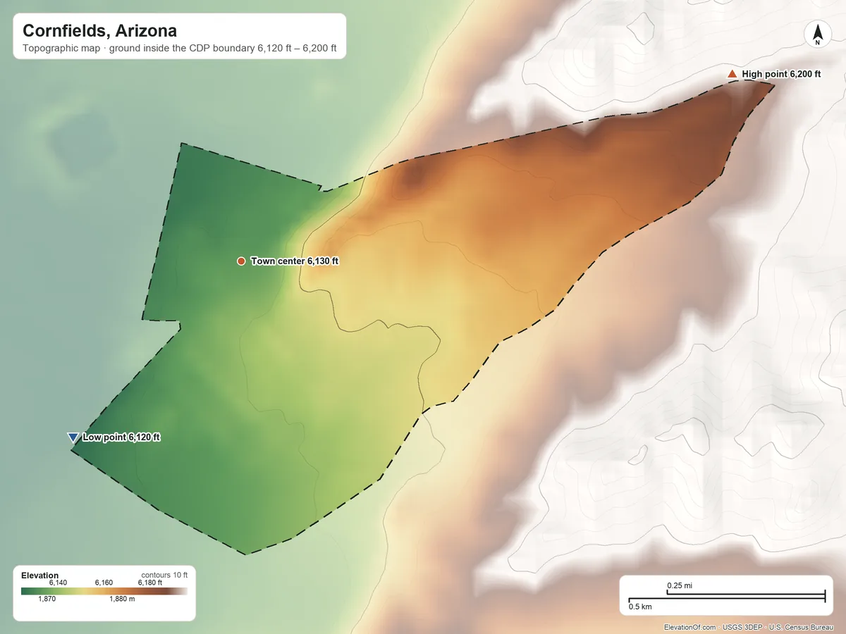 Topographic elevation map of Cornfields, Arizona, shaded from 6,120 ft on the southwest side to 6,200 ft on the east side