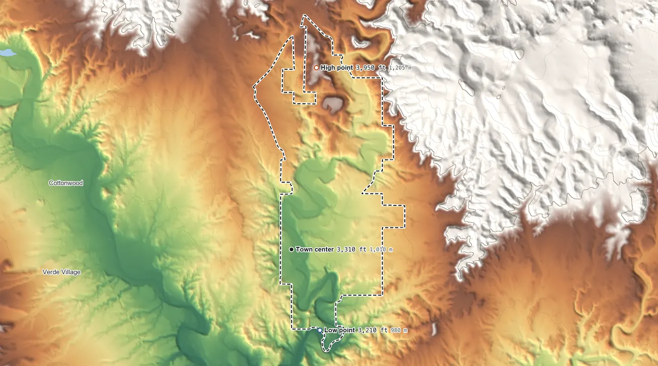 Topographic elevation map of Cornville, Arizona, shaded from 3,210 ft on the south side to 3,950 ft at the foot of the Antelope Hills