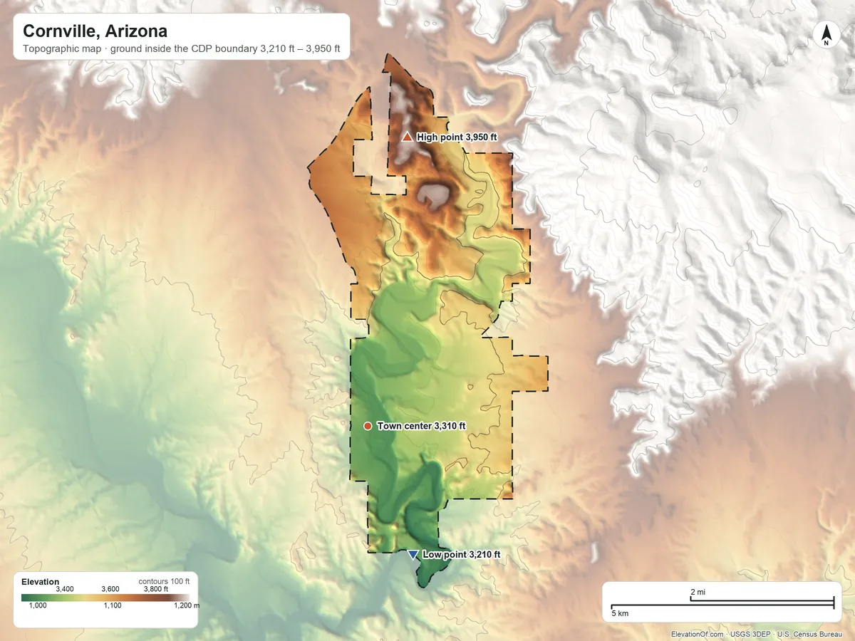 Topographic elevation map of Cornville, Arizona, shaded from 3,210 ft on the south side to 3,950 ft at the foot of the Antelope Hills
