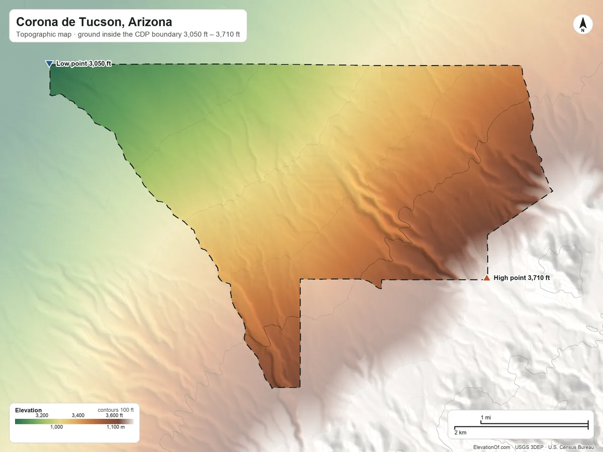 Topographic elevation map of Corona de Tucson, Arizona, shaded from 3,050 ft on the west side to 3,710 ft at the foot of the Empire Mountains