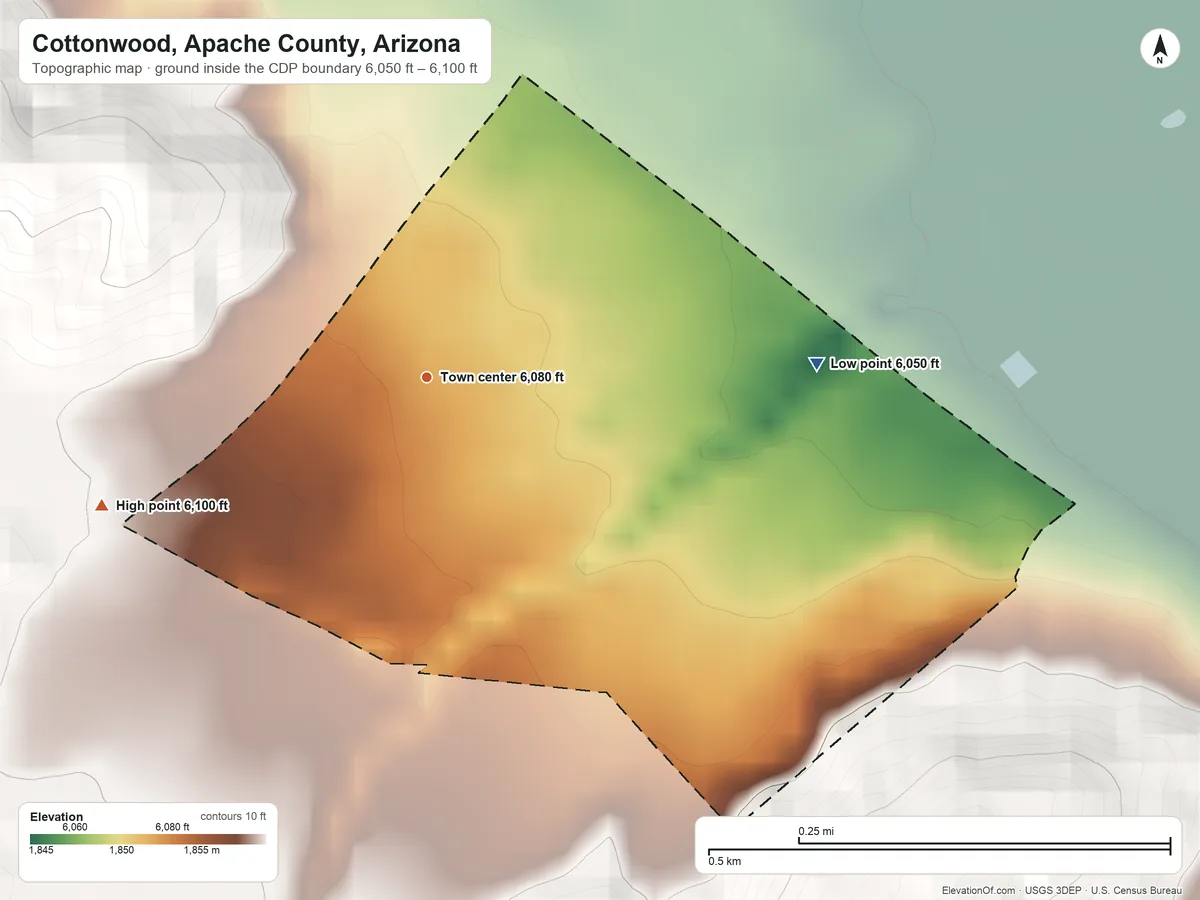 Topographic elevation map of Cottonwood, Apache County, Arizona, shaded from 6,050 ft on the east side to 6,100 ft on the west edge, below higher ground just outside
