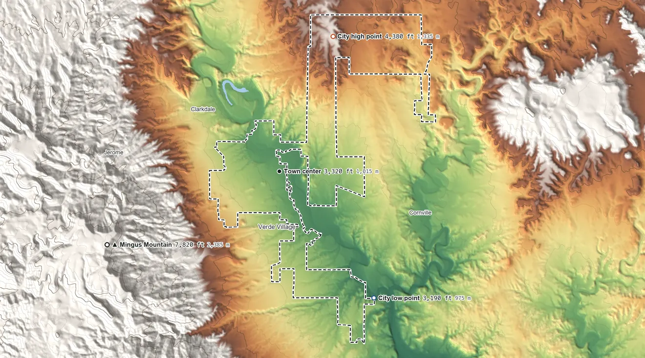 Topographic elevation map of Cottonwood, Arizona, shaded from 3,190 ft on the southeast side to 4,380 ft on the north side