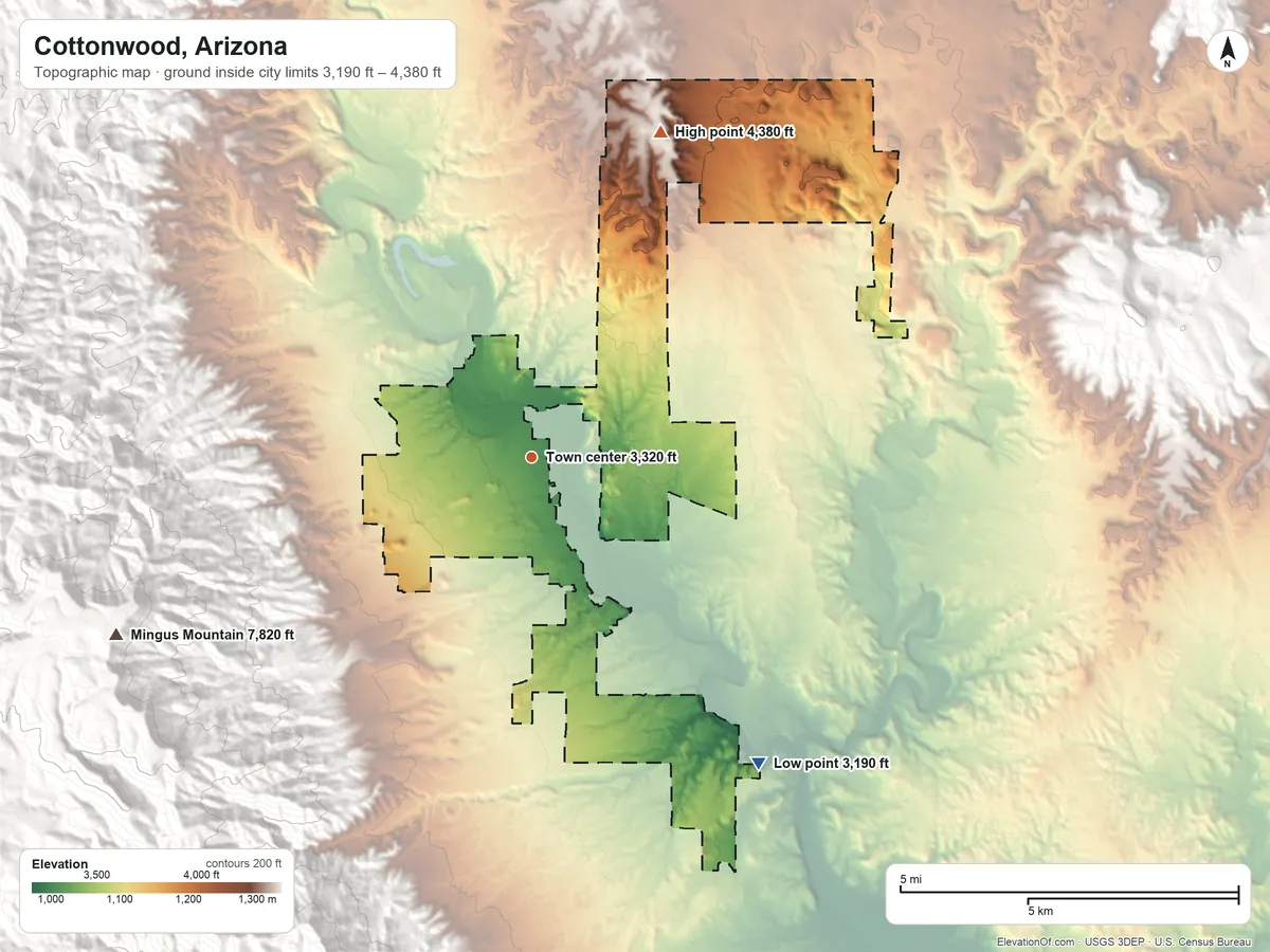 Topographic elevation map of Cottonwood, Arizona, shaded from 3,190 ft on the southeast side to 4,380 ft on the north side