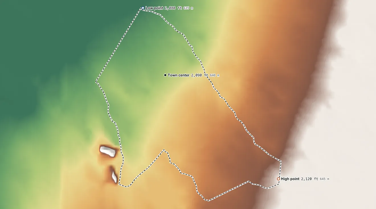 Topographic elevation map of Cowlic, Arizona, shaded from 2,080 ft on the north side to 2,120 ft at the foot of the Alvarez Mountains