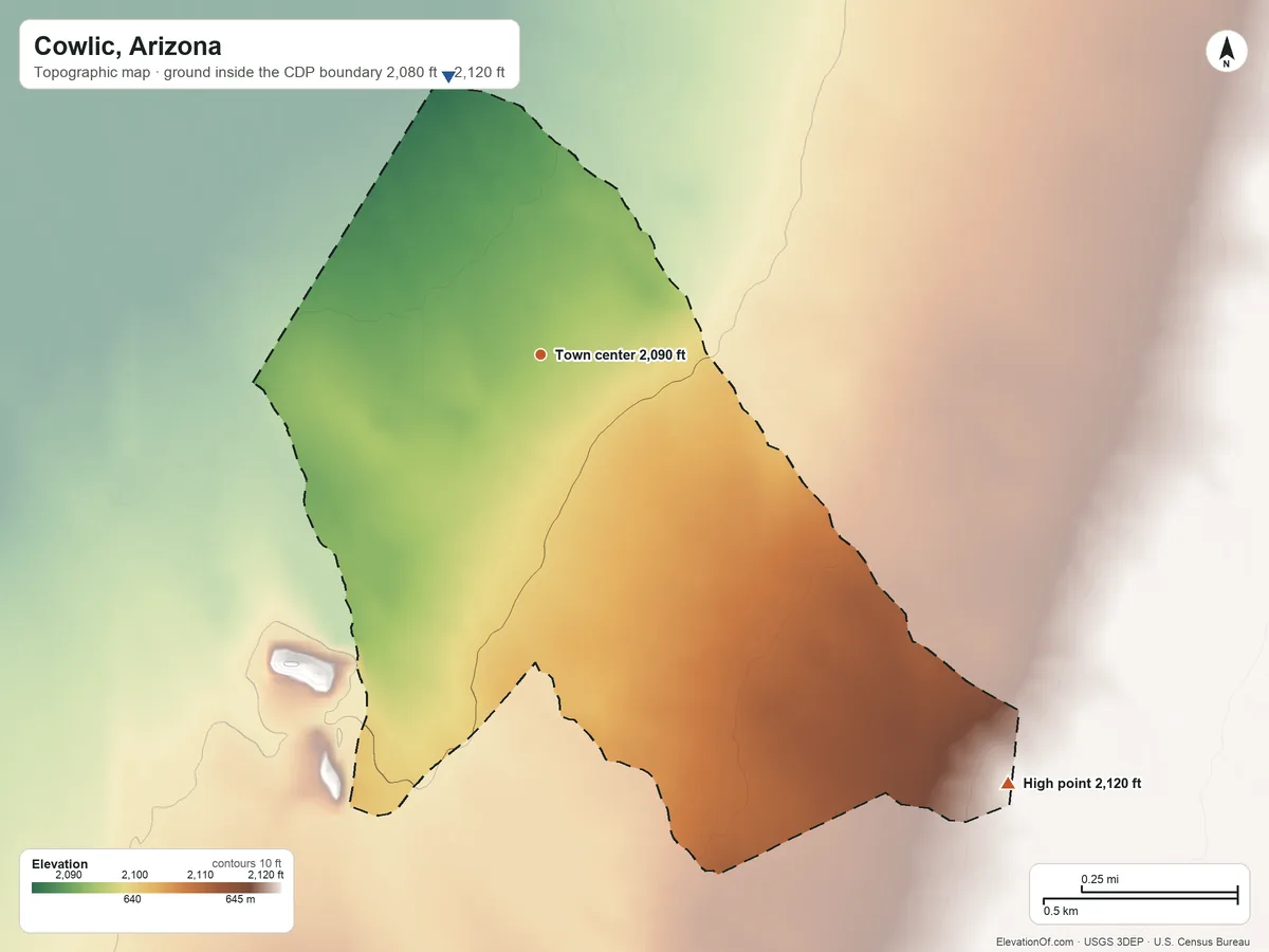 Topographic elevation map of Cowlic, Arizona, shaded from 2,080 ft on the north side to 2,120 ft at the foot of the Alvarez Mountains