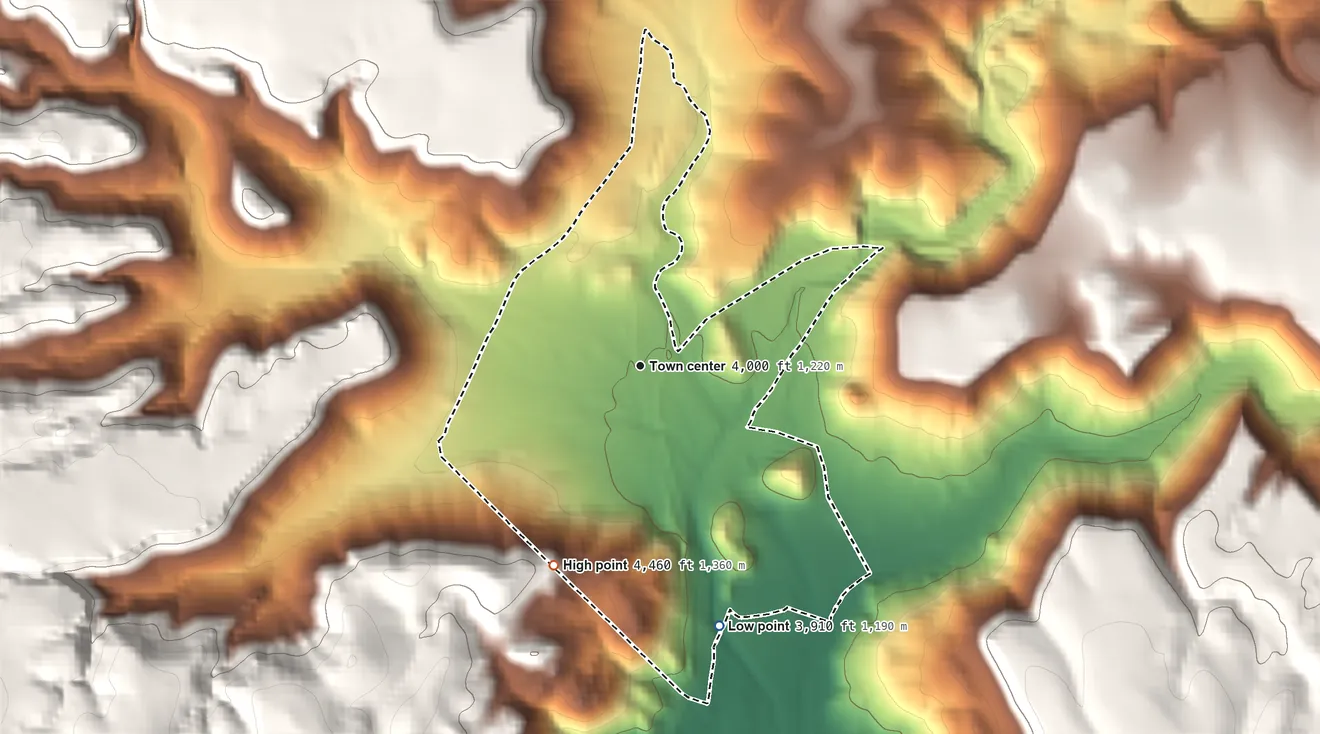 Topographic elevation map of Crozier, Arizona, shaded from 3,910 ft on the south side to 4,460 ft at the foot of the Peacock Mountains