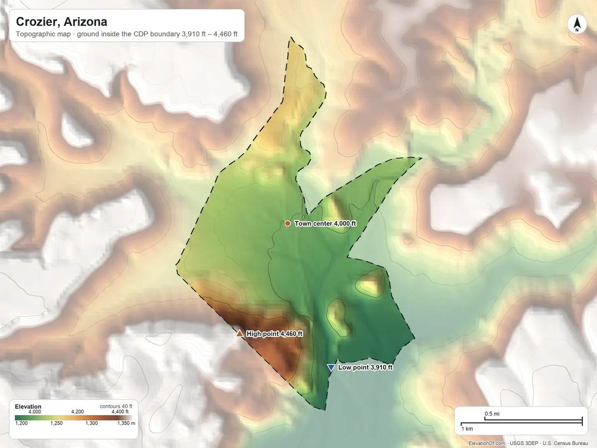 Topographic elevation map of Crozier, Arizona, shaded from 3,910 ft on the south side to 4,460 ft at the foot of the Peacock Mountains