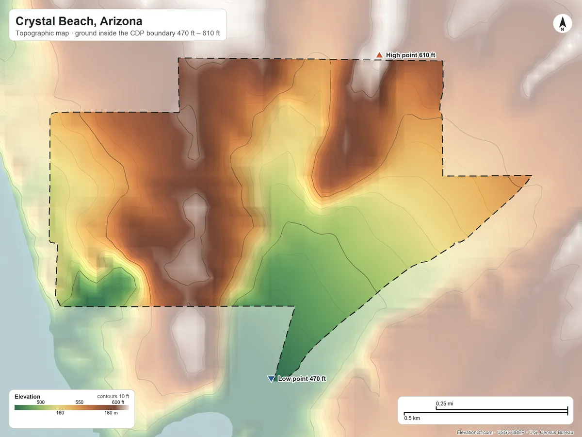 Topographic elevation map of Crystal Beach, Arizona, shaded from 470 ft on the south side to 610 ft at the foot of the Mohave Mountains