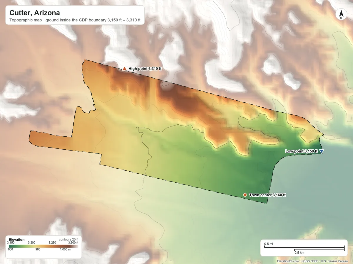 Topographic elevation map of Cutter, Arizona, shaded from 3,150 ft on the northeast side to 3,310 ft on the northwest side
