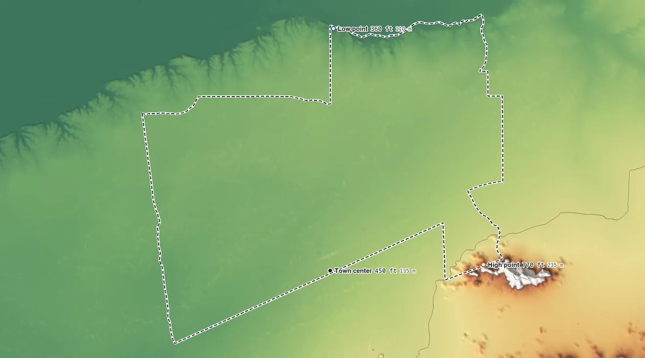 Topographic elevation map of Dateland, Arizona, shaded from 360 ft on the north side to 770 ft at the foot of the Aguila Mountains