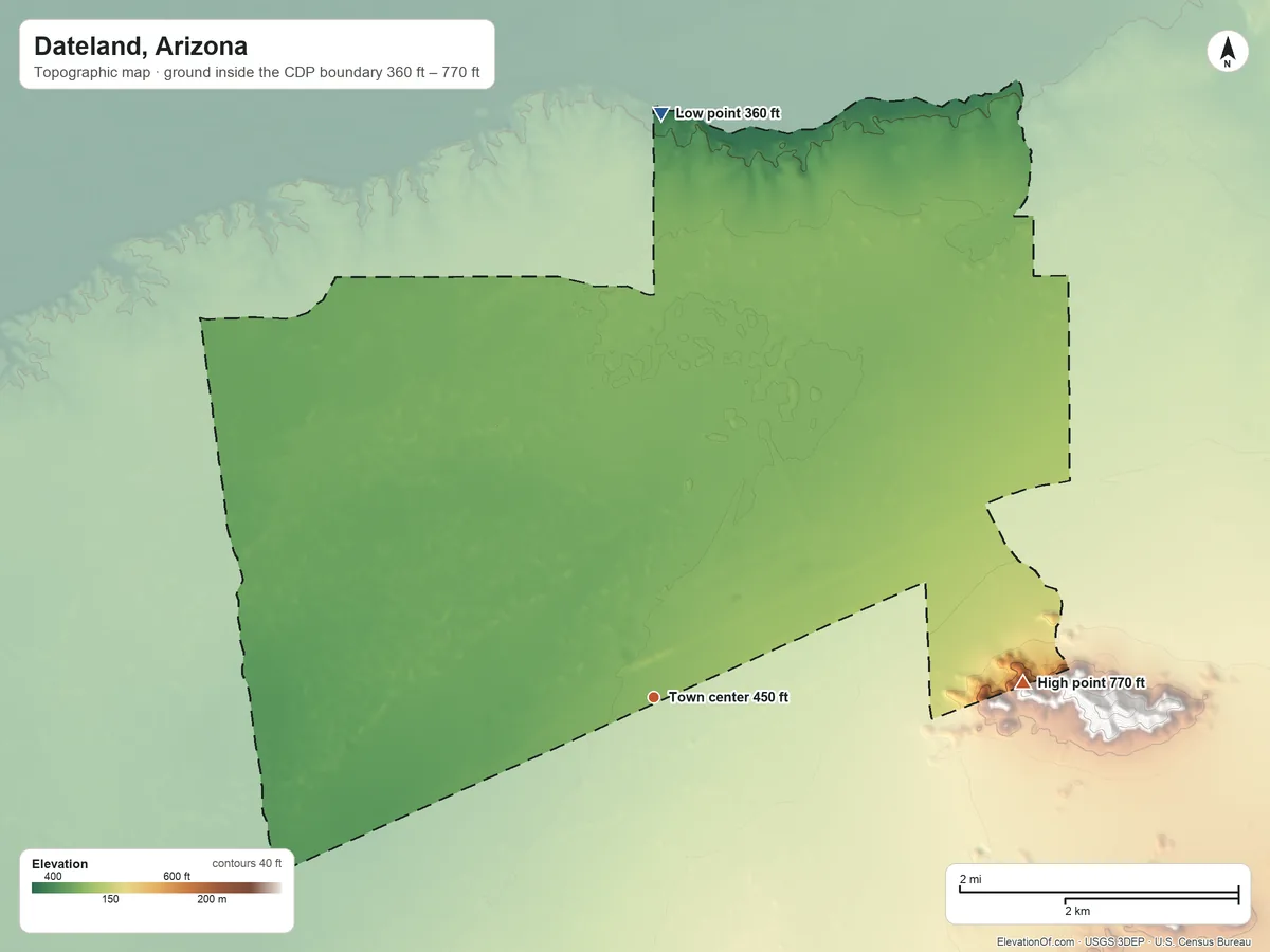Topographic elevation map of Dateland, Arizona, shaded from 360 ft on the north side to 770 ft at the foot of the Aguila Mountains
