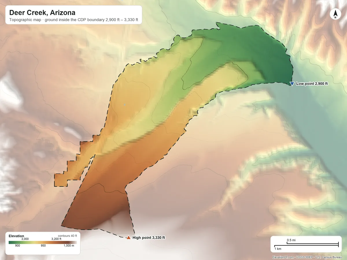 Topographic elevation map of Deer Creek, Arizona, shaded from 2,900 ft on the east side to 3,330 ft at the foot of the Mazatzal Mountains