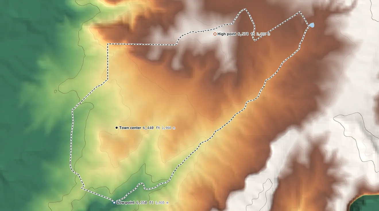 Topographic elevation map of Del Muerto, Arizona, shaded from 6,350 ft on the south side to 6,570 ft on the northeast side