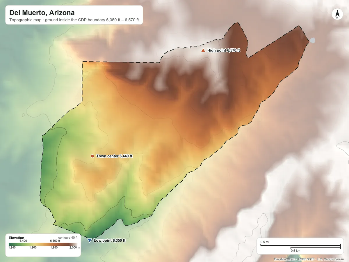 Topographic elevation map of Del Muerto, Arizona, shaded from 6,350 ft on the south side to 6,570 ft on the northeast side