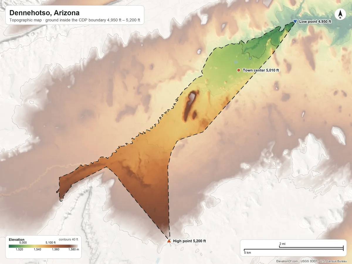 Topographic elevation map of Dennehotso, Arizona, shaded from 4,950 ft on the northeast side to 5,200 ft on the south side