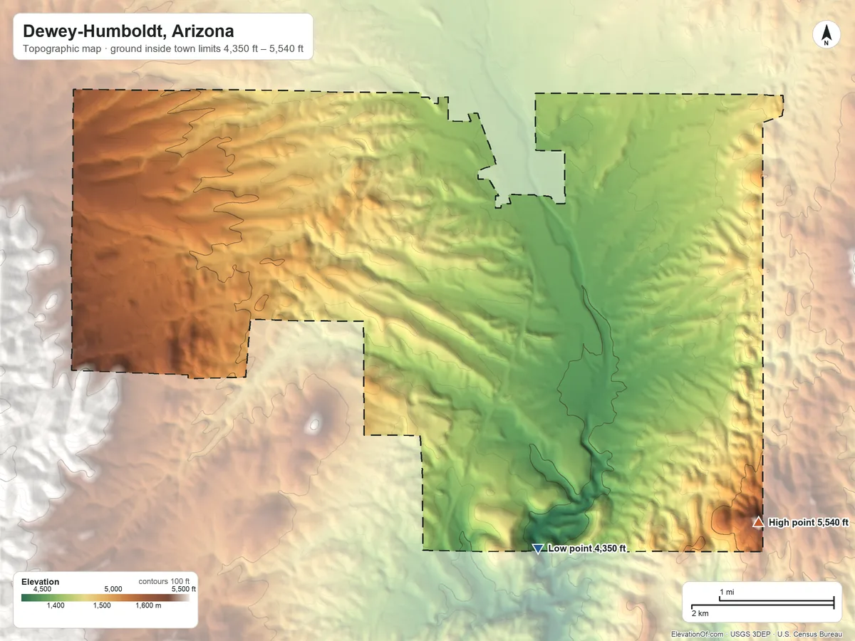 Topographic elevation map of Dewey-Humboldt, Arizona, shaded from 4,350 ft on the south side to 5,540 ft on Round Hill