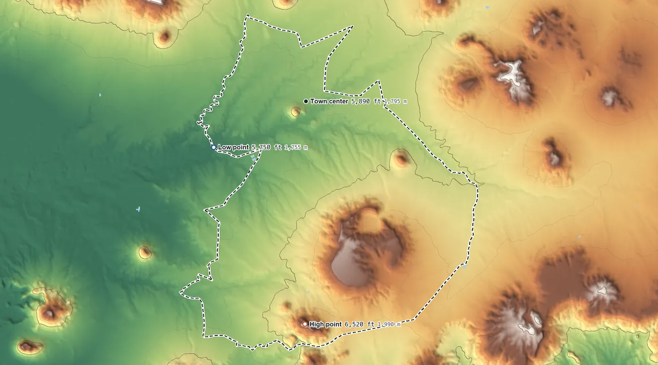 Topographic elevation map of Dilkon, Arizona, shaded from 5,750 ft on the southwest side to 6,520 ft on the south side